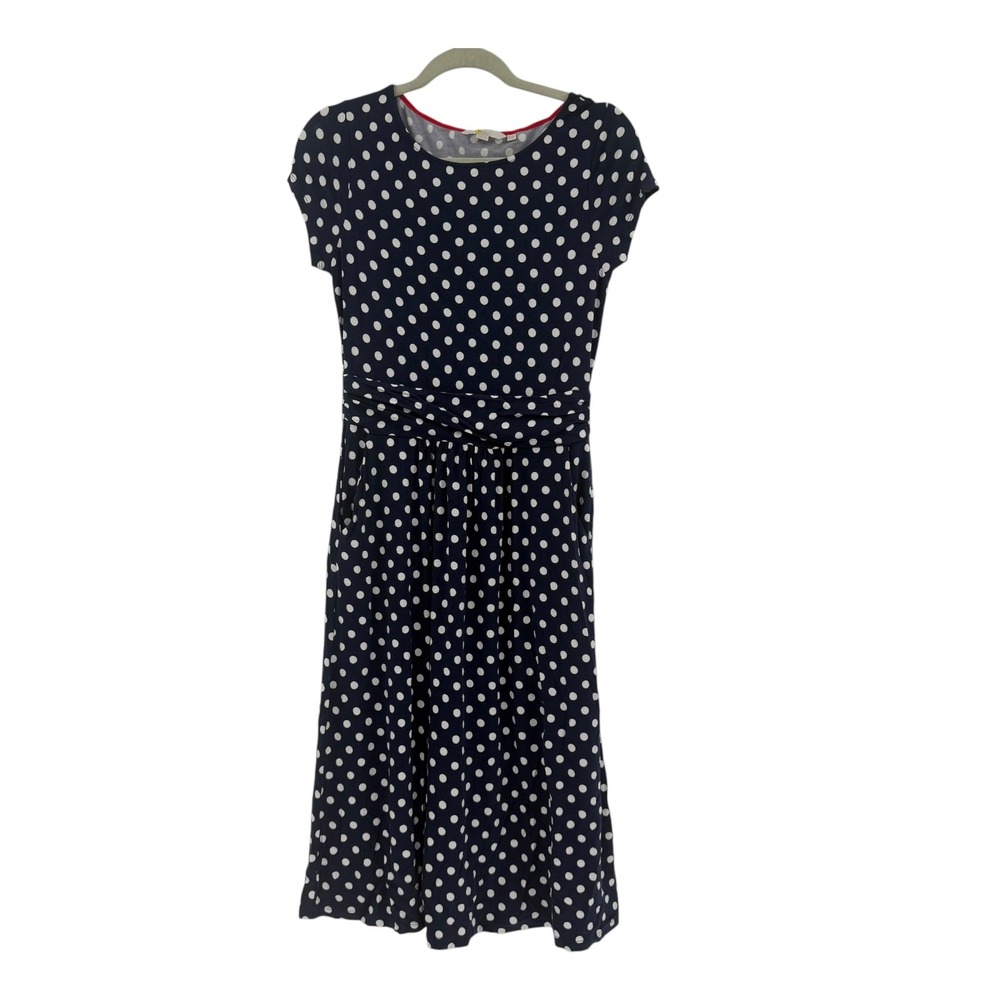 BODEN Amelia Jersey Knit Dress Navy Blue White Polka Dot Short Sleeve Pockets 6L